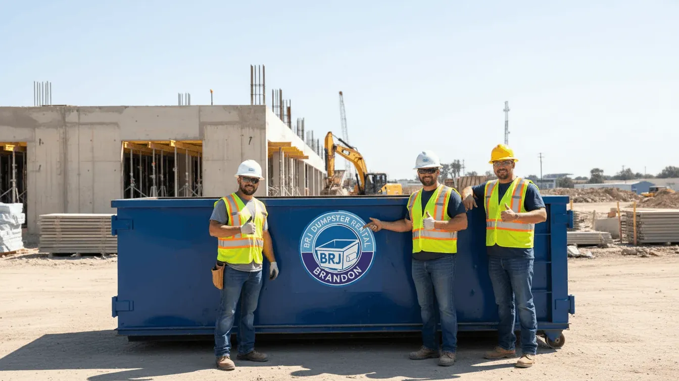 BRJ Dumpster Rental crew beside a roll-off truck loaded with a 15 yard container in Brandon, FL BRJ Dumpster Rental crew beside a roll-off truck loaded with a 15 yard container in Brandon, FL