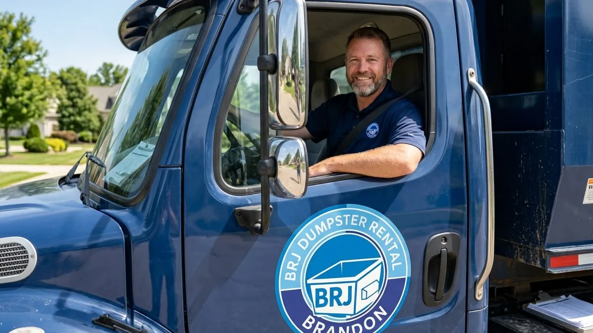 BRJ Dumpster Rental driver talking a customer through container placement in Brandon, FL BRJ Dumpster Rental driver talking a customer through container placement in Brandon, FL