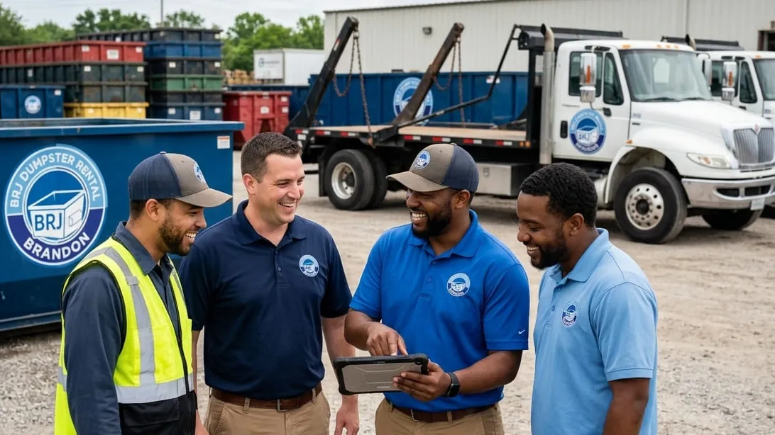 The BRJ Dumpster Rental Brandon crew talking through the day’s routes at the yard The BRJ Dumpster Rental Brandon crew talking through the day’s routes at the yard