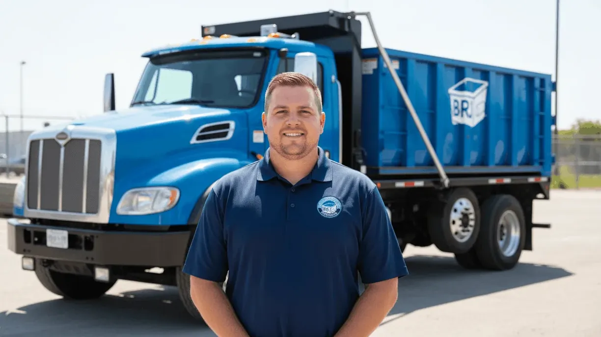 A BRJ Dumpster Rental Brandon driver beside the roll-off truck fleet on South Parsons Avenue A BRJ Dumpster Rental Brandon driver beside the roll-off truck fleet on South Parsons Avenue